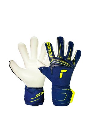 Pair of blue and white Reusch goalkeeper gloves with yellow accents, showing front and back sides isolated on white background.