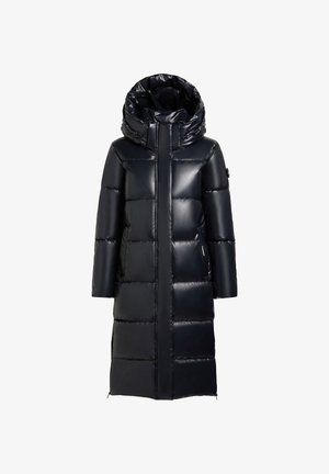 Black puffer coat with a high collar and oversized hood. Features quilted sections, a glossy finish, and side zip pockets.