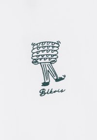 White fabric featuring green embroidery of a character with a spiral design for a head and striped pants, alongside the text "Blklrvs."