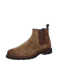 Bottines Chelsea en daim marron avec panneaux élastiques sur les côtés, bout rond et semelle en caoutchouc. Dispose d'une boucle à l'arrière pour un enfilage facile.