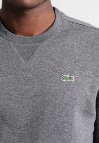 Grå sweatshirt med ribbat rundhals och en liten broderad grön krokodil-logotyp på vänster bröstområde. Mjuk textur.