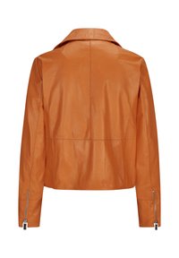 Orange Lederjacke mit einem klassischen Kragen, Rückennähten und Reißverschlussmanschetten, mit glatter, matter Textur.