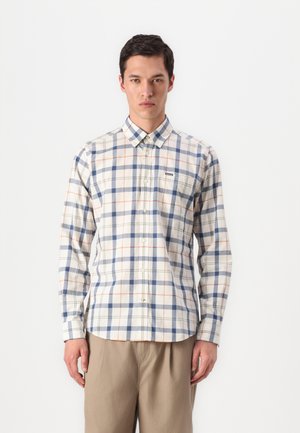Camisa de manga longa xadrez em creme, azul e laranja. Apresenta colarinho com botões e bolso frontal. Feita de uma mistura de algodão com uma textura suave.