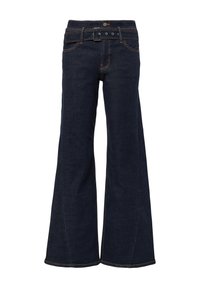 Granatowe dżinsy z szerokimi nogawkami o wysokim stanie, wyposażone w pięć kieszeni, szlufki na pasek i kontrastowe pomarańczowe przeszycia.