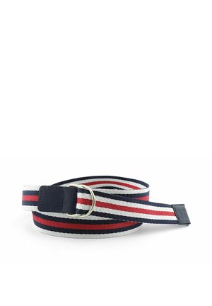 Gestreepte stoffen riem met rode, witte en donkerblauwe horizontale strepen en een zilverkleurige metalen D-ring gesp.