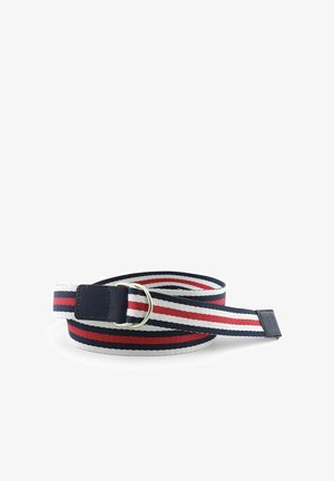 Gestreepte stoffen riem met rode, witte en donkerblauwe horizontale strepen en een zilverkleurige metalen D-ring gesp.