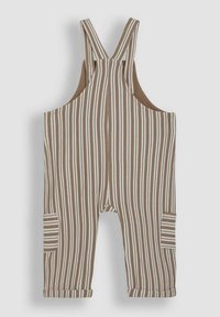 Gestreifte Latzhose in Braun und Creme, mit breiten Trägern, einem runden Rücken und seitlichen Taschen mit horizontalen Streifen. Aus Baumwollstoff.