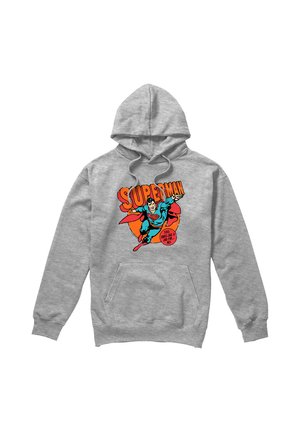 Gray hooded sweatshirt with front pocket and colorful Superman graphic flying with text, "This looks like a job for me!"