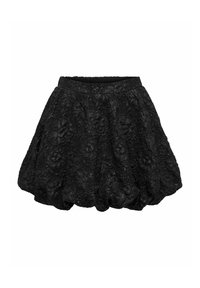 Črna cvetna čipkasta krilo z teksturirano površino, mehurčastim robom in elastičnim pasom. Krilo ima večplastno zasnovo s 3D cvetličnimi detajli.