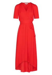 Robe portefeuille rouge à manches courtes, ourlet asymétrique, taille ceinturée, tissu doux et décolleté en V profond. Le design présente des fronces aux épaules.