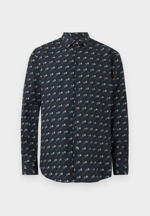 Camicia da uomo a maniche lunghe con bottoni, sfondo nero e piccolo motivo floreale di margherite bianche e gialle.