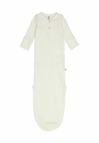 Dlouhý rukáv, krémová barva, dětský spací pytel vyrobený z měkké látky, s knoflíkovou légou na krku a zakulaceným dnem.