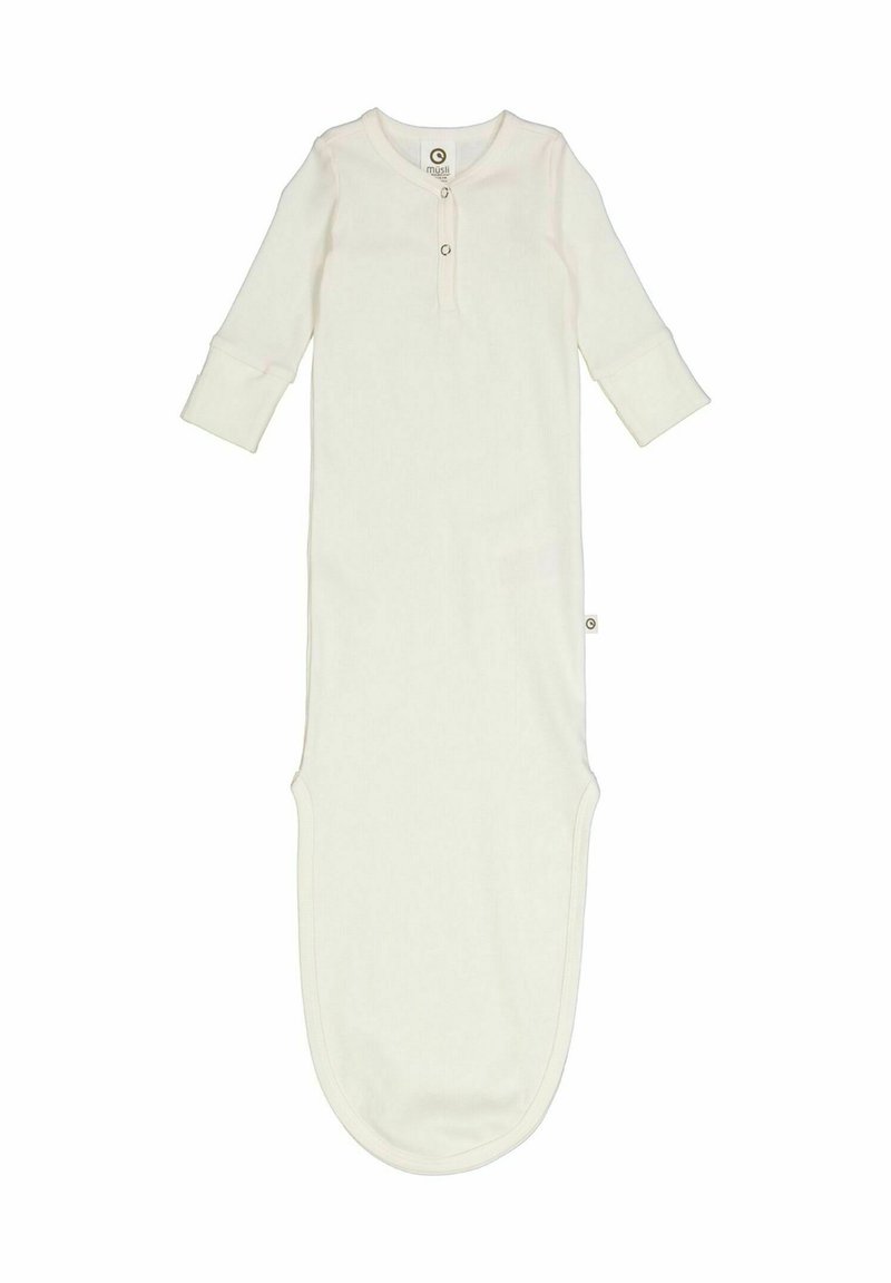 Dlouhý rukáv, krémová barva, dětský spací pytel vyrobený z měkké látky, s knoflíkovou légou na krku a zakulaceným dnem.
