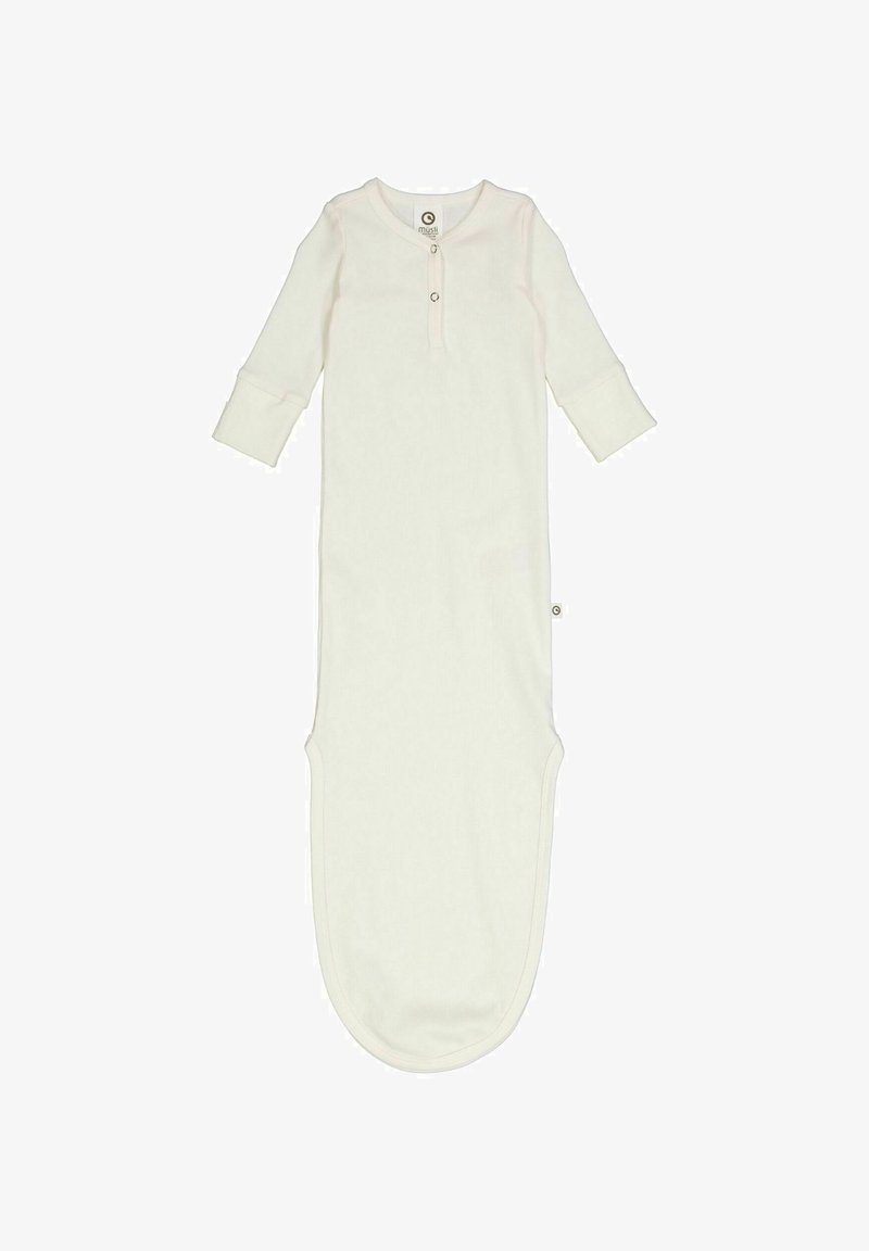 Dlouhý rukáv, krémová barva, dětský spací pytel vyrobený z měkké látky, s knoflíkovou légou na krku a zakulaceným dnem.