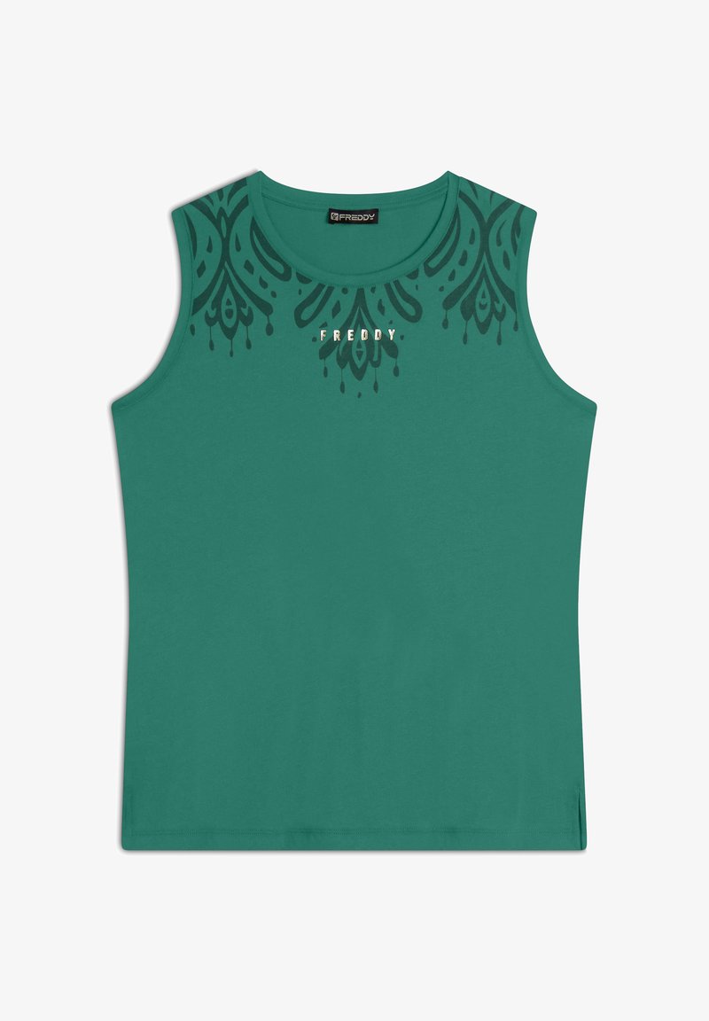 Canotta verde senza maniche con un motivo decorativo nero vicino allo scollo. Presenta il logo "FREDDY" in bianco. Tessuto liscio, vestibilità comoda.