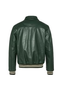 Groene leren bomberjack met een uitgesproken tailleband, bicolor gestreepte mouwen en een gladde textuur, met een klassiek kraagontwerp.