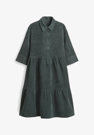 Abito in velluto a coste verde scuro con maniche lunghe, colletto, chiusura con bottoni e gonna a strati con texture arricciata.