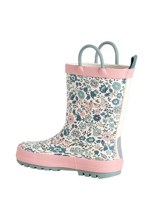 Child's floral rain boot with pink trim, blue and white flower pattern, gray handles, and treaded sole.