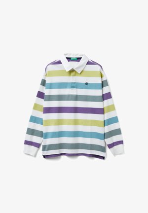 Rugby tričko s dlouhým rukávem a bílým límečkem, s vodorovnými pruhy ve fialové, zelené, modré a šedé barvě a malým černým logem na hrudi.