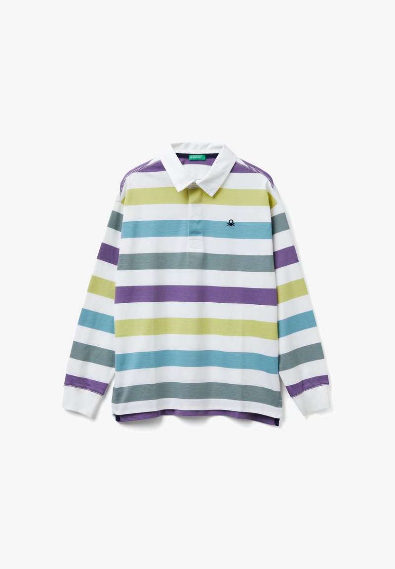 Koszulka rugby z długim rękawem z białym kołnierzem, z poziomymi paskami w kolorach fioletowym, zielonym, niebieskim i szarym oraz małym czarnym logo na piersi.
