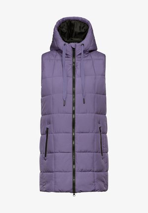 Lilla puffer vest med hætte, med quiltede sektioner, en fuld frontlynlås og to sidelommer med sorte accenter. Glat tekstur.