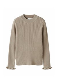 Suéter de punto de color beige con cuello redondo, mangas largas y puños con volante, hecho de un material de punto suave. Diseño simple y texturizado.