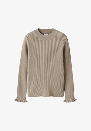 Pull beige à côtes avec un col rond, des manches longues et des poignets volants, fabriqué en maille douce. Design simple et texturé.