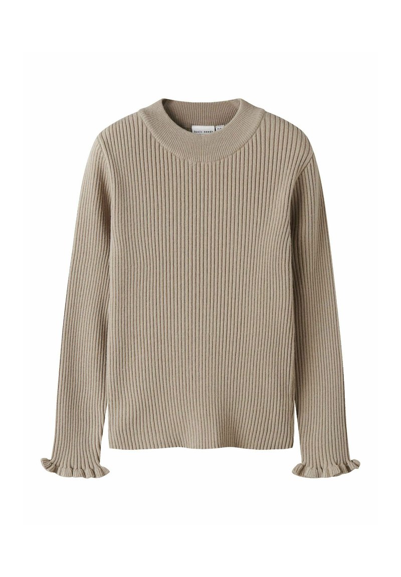 Suéter de punto de color beige con cuello redondo, mangas largas y puños con volante, hecho de un material de punto suave. Diseño simple y texturizado.