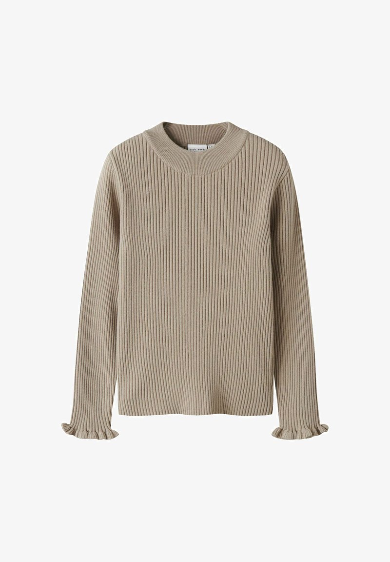 Suéter de punto de color beige con cuello redondo, mangas largas y puños con volante, hecho de un material de punto suave. Diseño simple y texturizado.