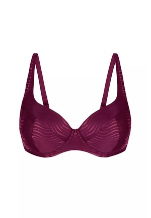 Biustonosz Marlowe w głębokim burgundzie, z gładkiej tkaniny o falistej fakturze, wsparciem w postaci fiszbin, regulowanymi ramiączkami i bezszwowym wykończeniem.