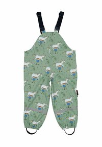 Grønne vandtætte overalls med justerbare sorte stropper, der har et cartoonmønster af børn og heste. Elastiske manchetter og grå reflekterende detaljer.