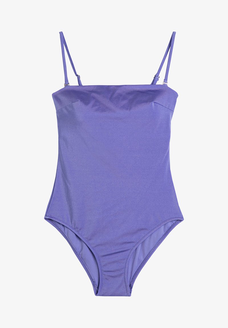 Maillot de bain une pièce violet avec des bretelles fines et réglables, en tissu lisse, au design ajusté et avec des ouvertures de jambe échancrées. Pas de motifs ni de matériel visible.