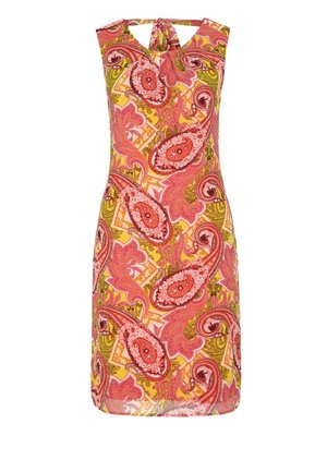 Ärmelloses knielanges Kleid mit V-Ausschnitt und Bindeband sowie leuchtend pinkem, orangefarbenem und gelbem Paisley-Muster auf hellem Hintergrund.
