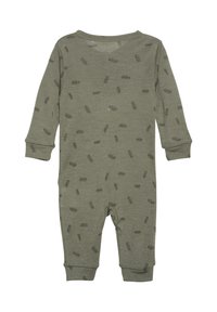 Olivgrön babybodysuits i mjukt tyg, med ett upprepat mönster av små mörkbruna bladformer, långa ärmar och fotsydd design.