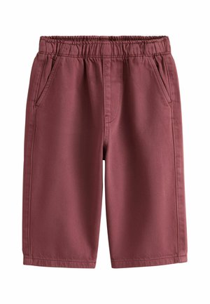 Dunkelrote elastische Shorts mit seitlichen Taschen, mittlere Länge, aus strukturiertem Stoff.