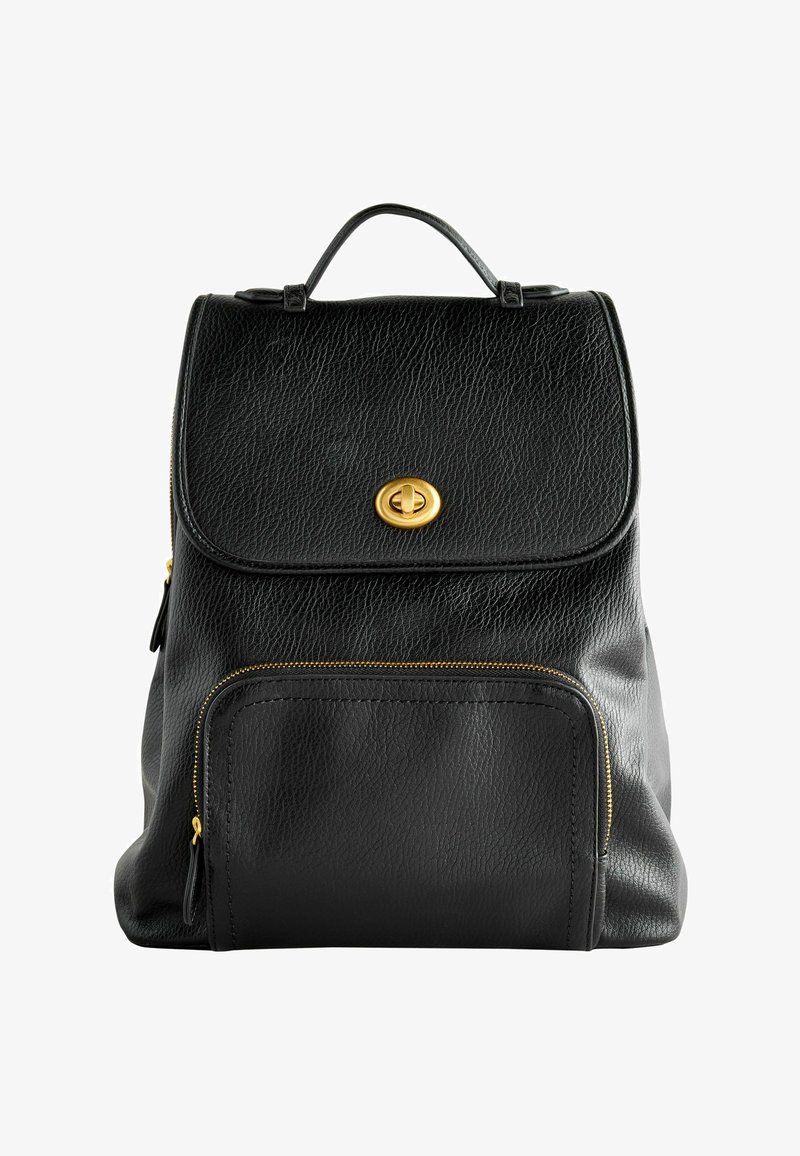 Must mustaga must karedadest, kuldse metalliga, ees oleva tõmbluku taskuga ja ülemise käepidemega kandmiseks. Magnetist klapi sulgemine.