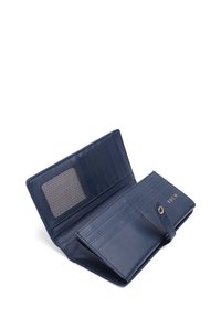 Navy blue leather wallet with multiple card slots, a clear ID window, and a snap closure. Features subtle stitching and branded detailing.