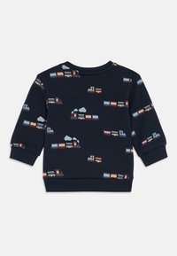 Ναυτικό μπλε φούτερ για νήπια με πολύχρωμο σχέδιο τρένου σε όλη την επιφάνεια, ribbed μανίκια και στρίφωμα.