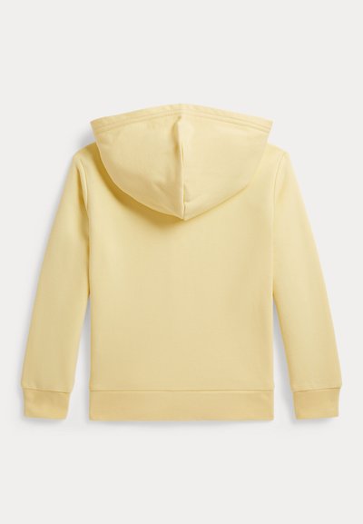 Ανοιχτό κίτρινο φούτερ με κουκούλα, μακριά μανίκια, ριμπ μανσέτες και τελείωμα, εμφανίζεται από πίσω σε λευκό φόντο.