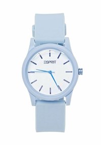 Orologio in silicone blu chiaro con quadrante tondo bianco, lancette delle ore e dei minuti blu e indicatori delle ore blu scuro. Logo del brand "ESPRIT" visibile.