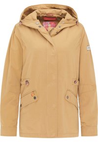 Beige vattentät jacka med huva, som har två framfickor, tryckknappar och kontrasterande rosa foder. Har logotyp på ärmen.
