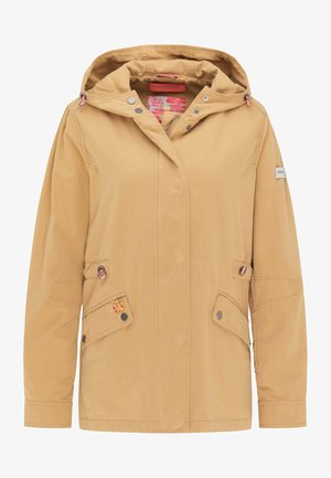 Hnědá voděodolná bunda s kapucí, obsahující dvě přední kapsy, patentky a kontrastní růžovou podšívku. Na rukávu je umístěno logo.