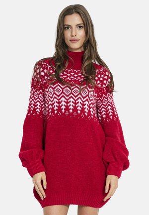 Czerwona dzianinowa sukienka swetrowa z wysokim kołnierzem, oversize'owymi rękawami i białymi geometrycznymi wzorami na torsie. Miękka tekstura, długość do kolan.