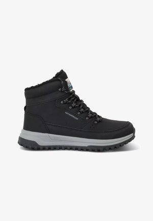 Black waterproof hiking boot with padded ankle collar, thick gray sole, and black laces against a white background.