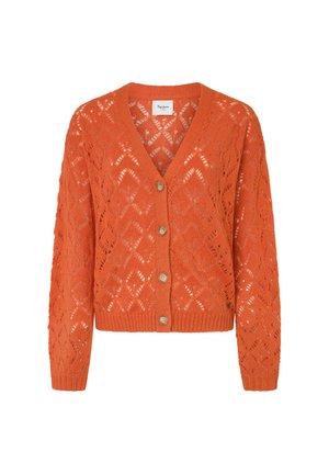 Narančasti pleteni kardigan s V-izrezom, dugim rukavima, dijamantnim uzorkom i pet dugmadi na prednjem dijelu.