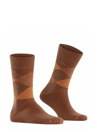 Calze di cotone marroni con un motivo argyle in tonalità di arancione e blu, con bordo a costine e texture liscia. Adatte per un abbigliamento casual.
