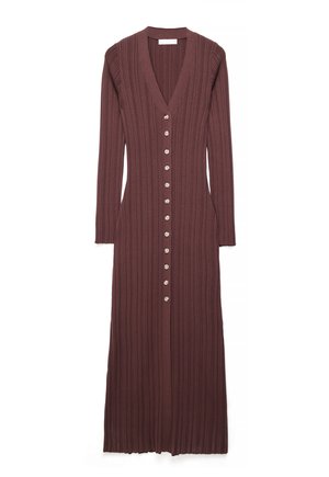 Midi obleka z dolgimi rokavi iz rebrastega pletenega blaga v temno vijolični barvi z V-izrezom in sprednjim zapiranjem na gumbe.