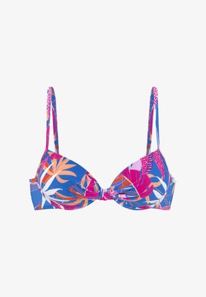 Blaues Bikinioberteil mit floralem Muster in Pink, Orange und Weiß. Es verfügt über verstellbare Träger und ein geknotetes Design in der Mitte.