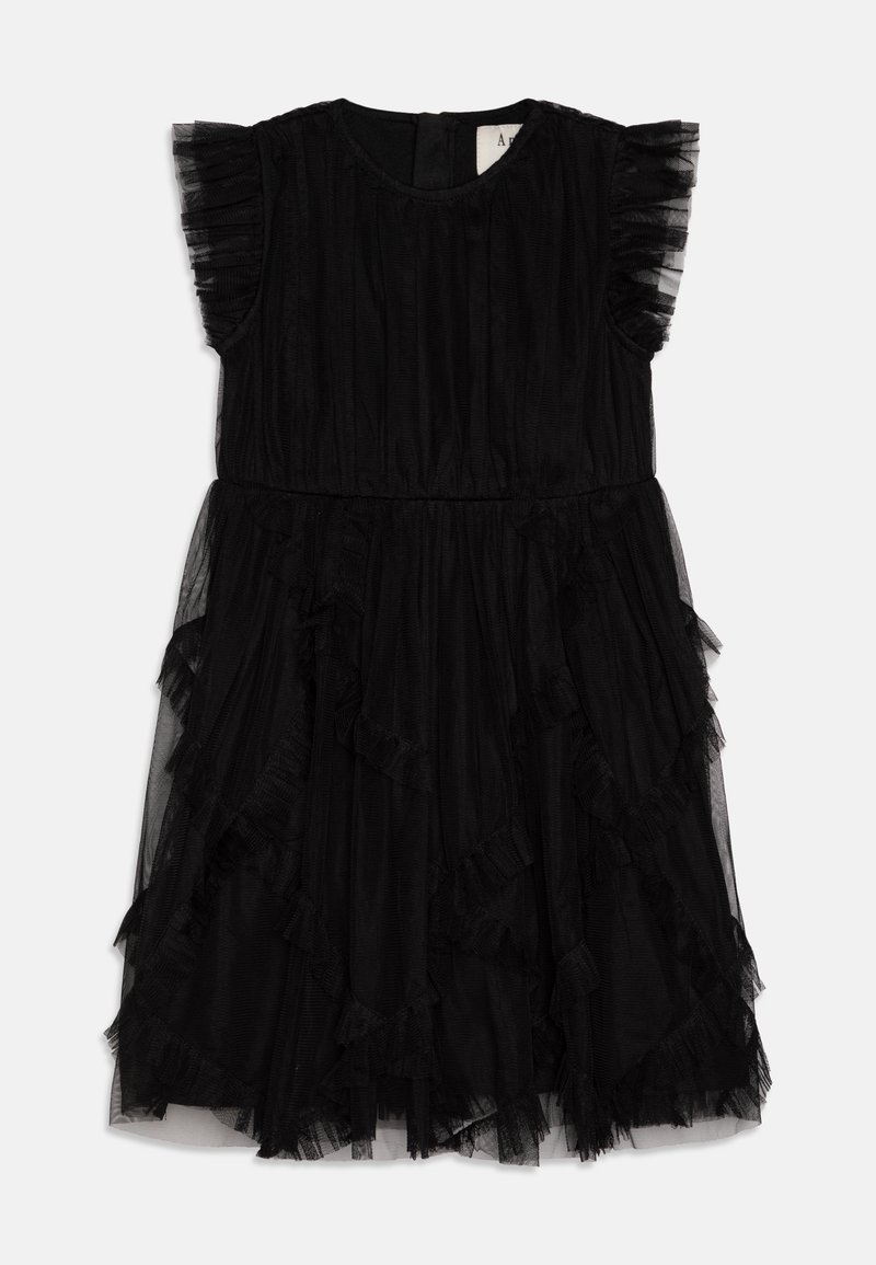 Črna obleka s kratkimi nabranimi rokavi, nabranim trupom, plastmi tila in nabranimi detajli ob robu. Zadrga zadaj.