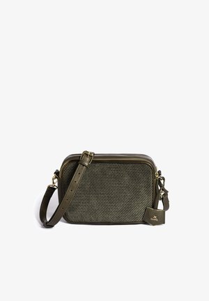 Dark green leather crossbody bag with perforated front panel, adjustable strap, gold-tone zipper, and Lloyd brand tag attached.